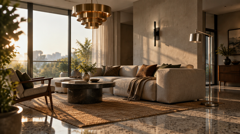 Mixing metal finishes in lighting — a brushed brass chandelier, matte black wall sconce and brushed nickel floor lamp in a contemporary Indian living room