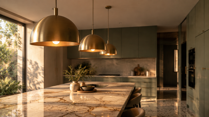 Brass kitchen pendant lights hanging in a row over a kitchen island in a contemporary Indian home