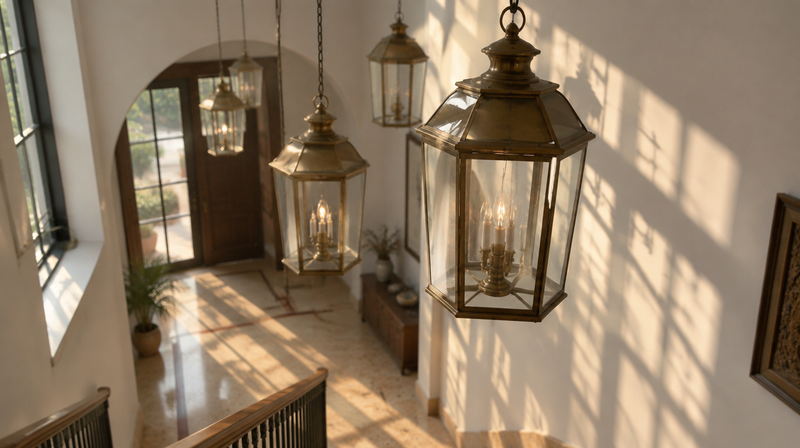 Hanging lantern lights in antique brass over an Indian entryway and stairwell