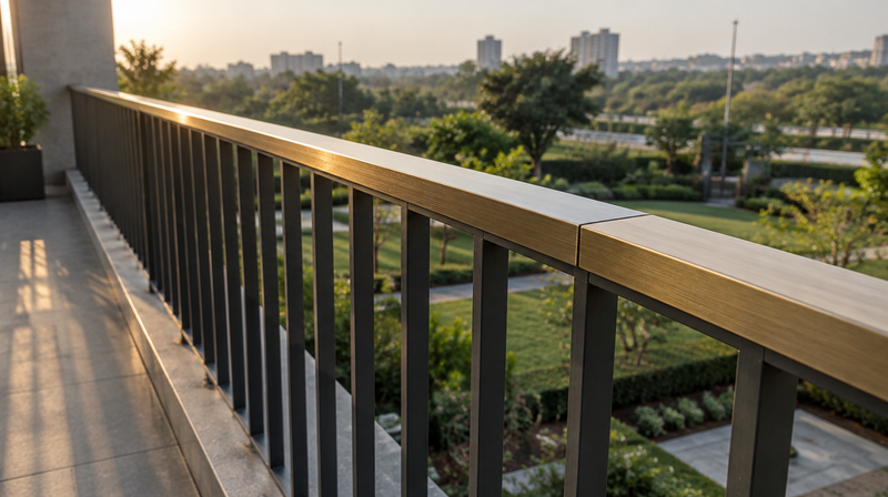 Modern balcony railing design in charcoal mild steel with a brushed-brass handrail on a contemporary Indian home