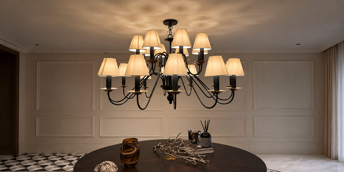 Delhi Brass multi-arm chandelier in a contemporary dining interior