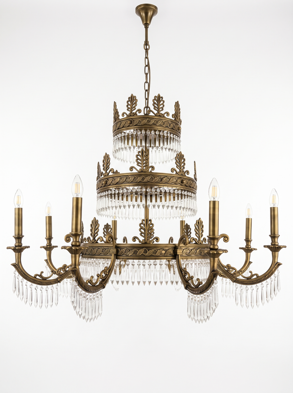Anthemion Three-Tier Brass and Crystal Chandelier