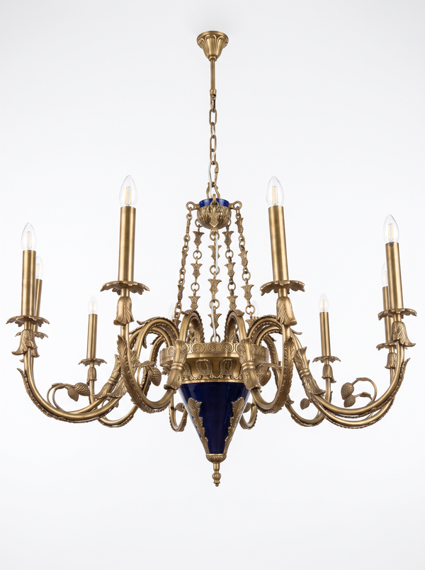Neva 10-Light Cast Brass and Cobalt Chandelier