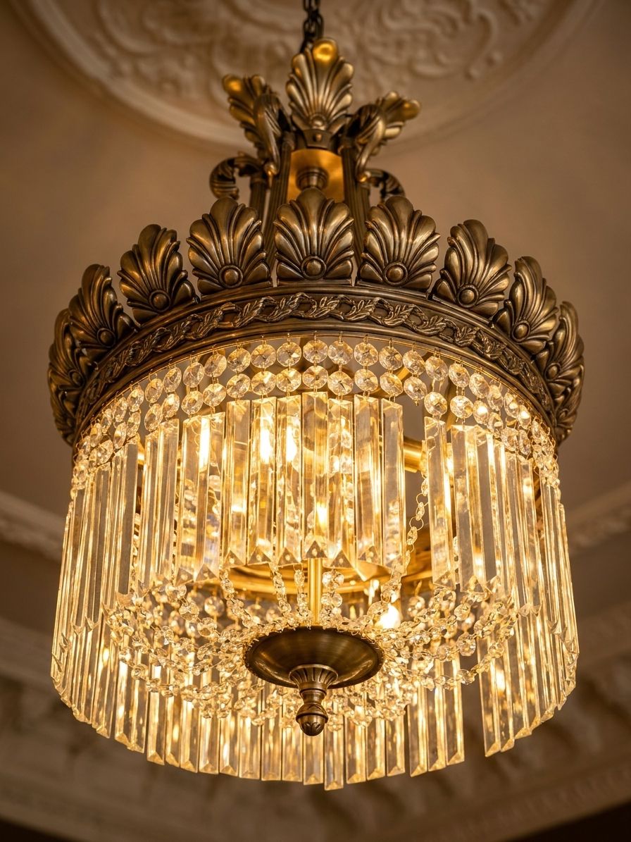 A chandelier combining a brass frame with crystal drops
