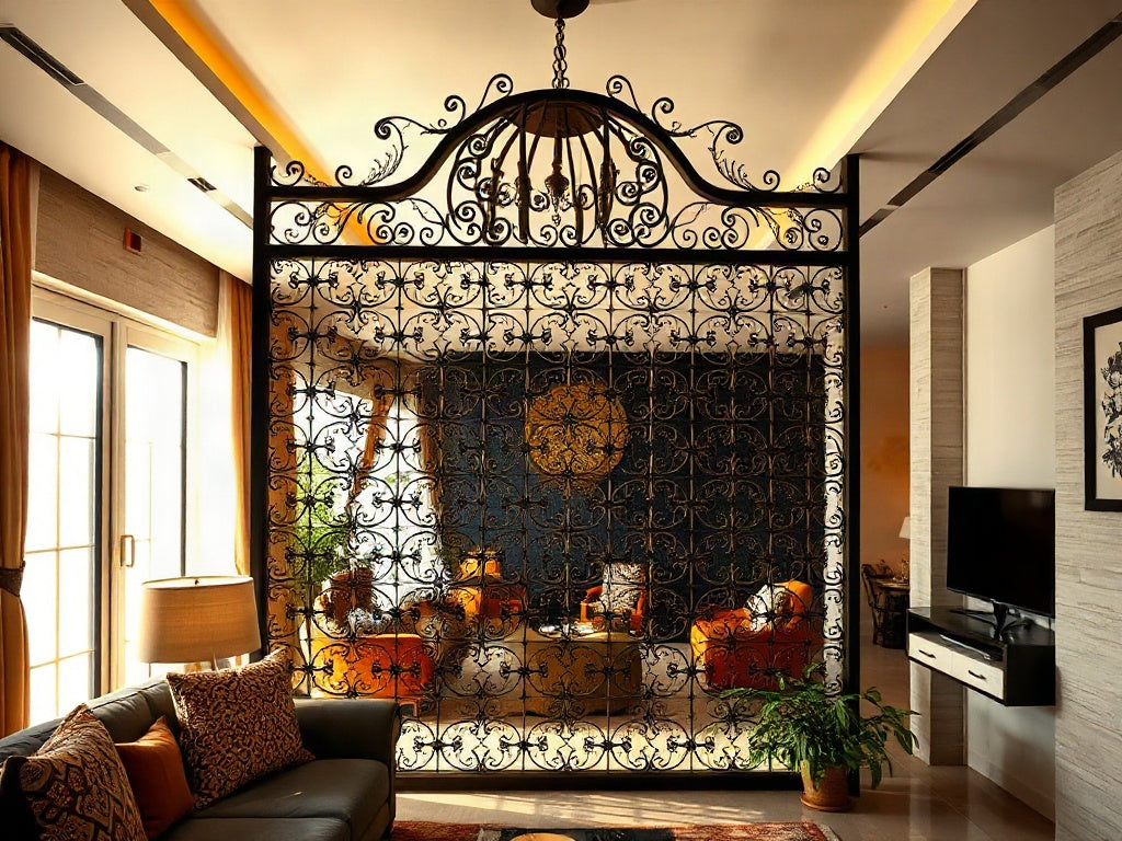 Metal jali partition dividing a living space — Delhi Brass