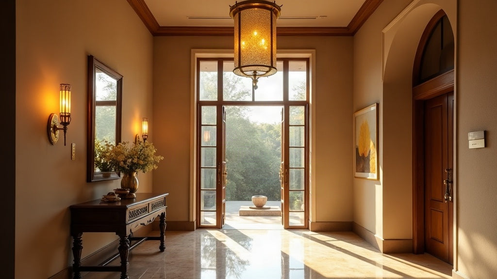 Foyer lighting ideas — a brass lantern chandelier and wall sconce lighting the entryway of an Indian home