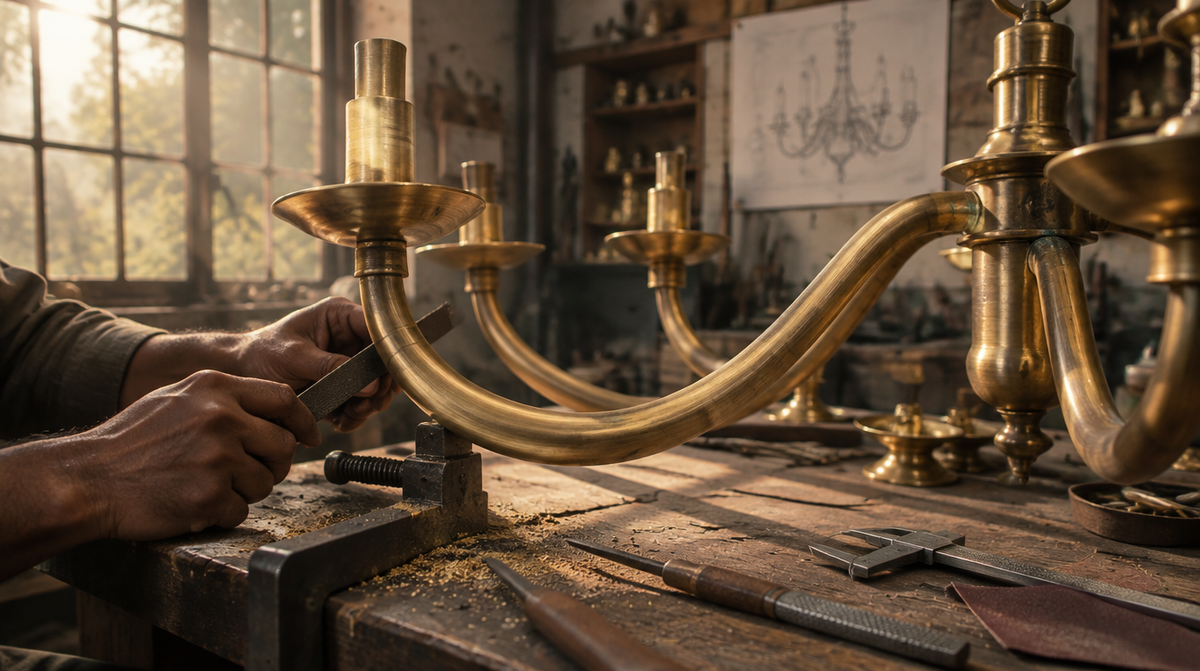 Artisan hand-finishing a brushed-brass chandelier frame in the Delhi Brass workshop — custom made-to-order lighting