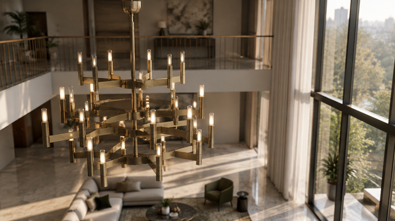 High ceiling living room lighting with a brushed-brass tiered chandelier in a double-height room