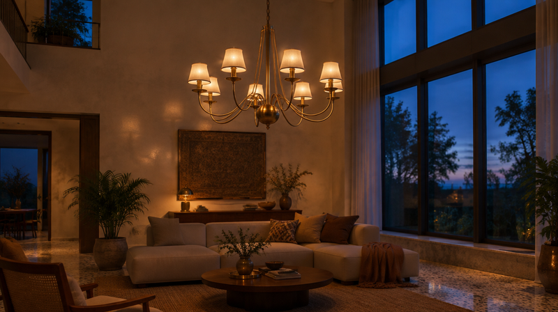 A warm brushed-brass jhumar glowing above the seating in a contemporary Indian living room at dusk