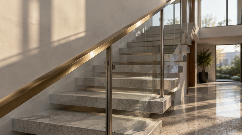 Contemporary staircase railing in brushed brass, glass and steel in a modern Indian home