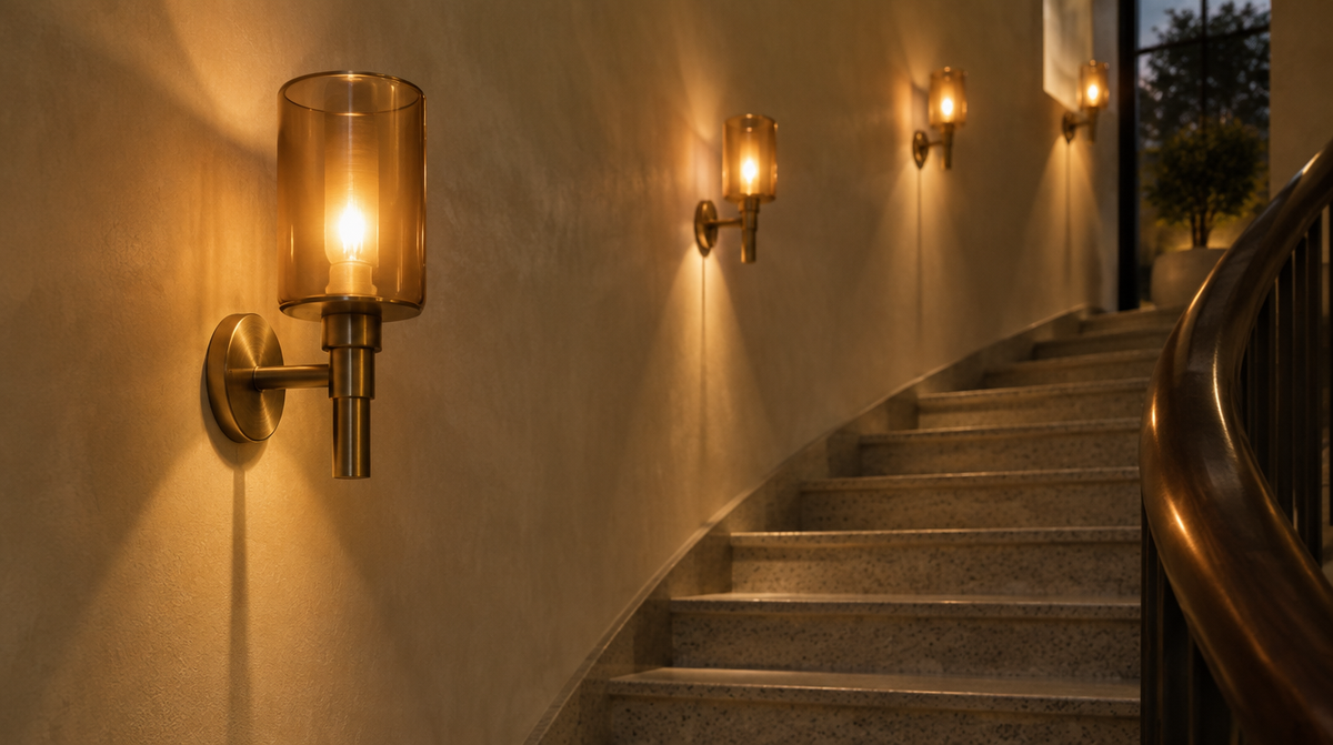 Brass staircase wall lights glowing along a curving staircase in an Indian home at dusk