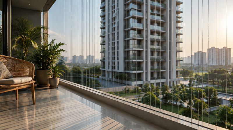Invisible grill on a modern apartment balcony — nearly invisible stainless steel cable safety grill by Delhi Brass