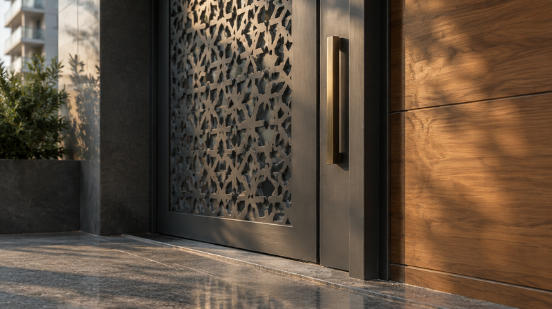 Modern charcoal mild-steel safety door with a laser-cut jaali pattern and brass handle — safety door design by Delhi Brass