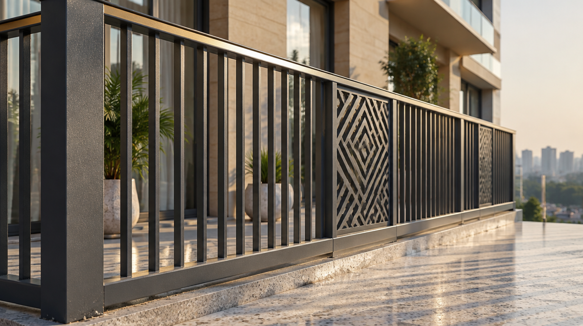Modern charcoal steel balcony grill design with slim vertical bars and a laser-cut panel on an Indian apartment balcony