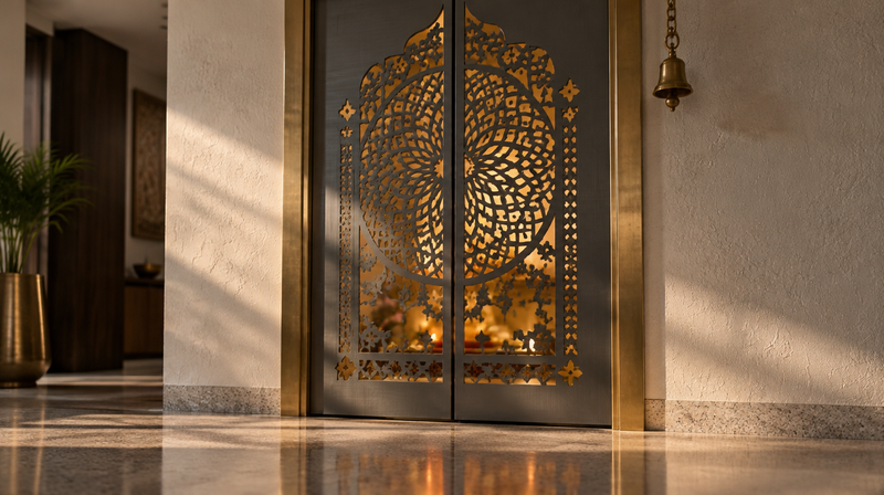 Bespoke laser-cut metal pooja room door with a brass jaali panel by Delhi Brass