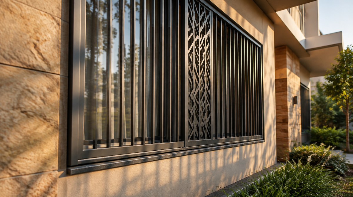 Steel grill design for a window — a charcoal powder-coated mild-steel window grill with a laser-cut panel on a contemporary Indian home
