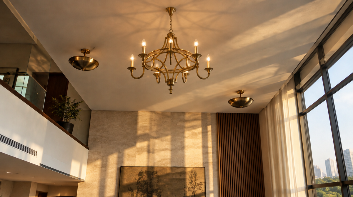 Golden Curve brass chandelier as a ceiling light in a contemporary Indian living room