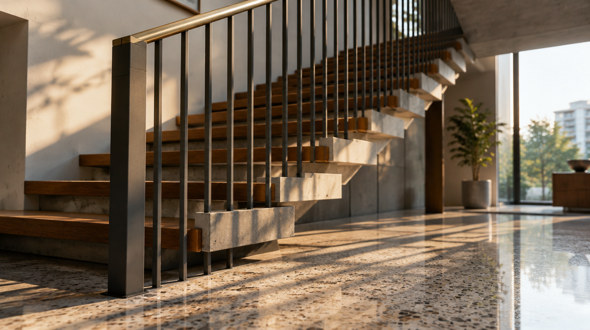 Modern charcoal mild-steel staircase railing with slim vertical bars and a brass handrail — steel railing design by Delhi Brass