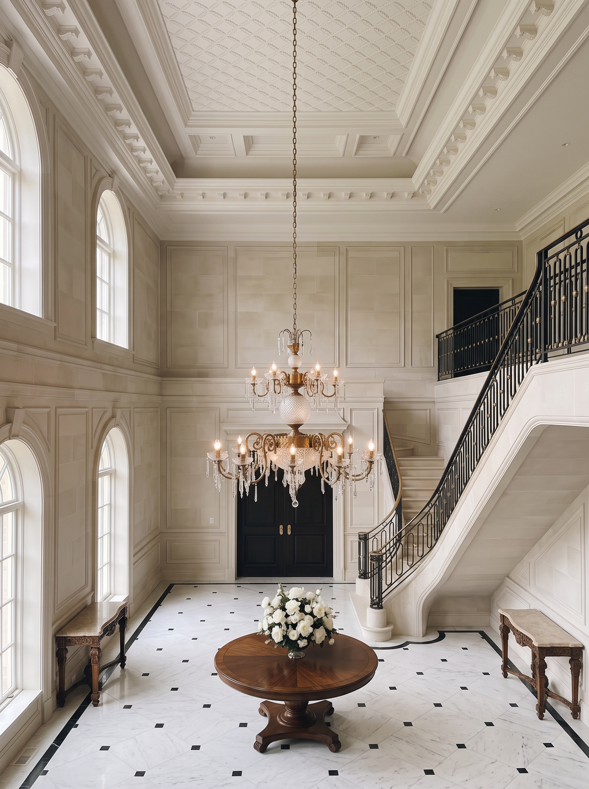 Double-height brass chandelier — the Durbar Two-Tier Brass and Crystal in a double-height limestone entrance hall