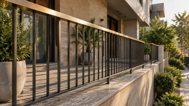 House front railing design in charcoal mild steel with a brushed-brass top rail on a contemporary Indian home