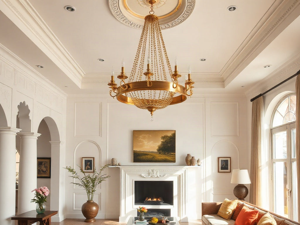 Elegant brass chandelier in an airy Indian living room — Delhi Brass
