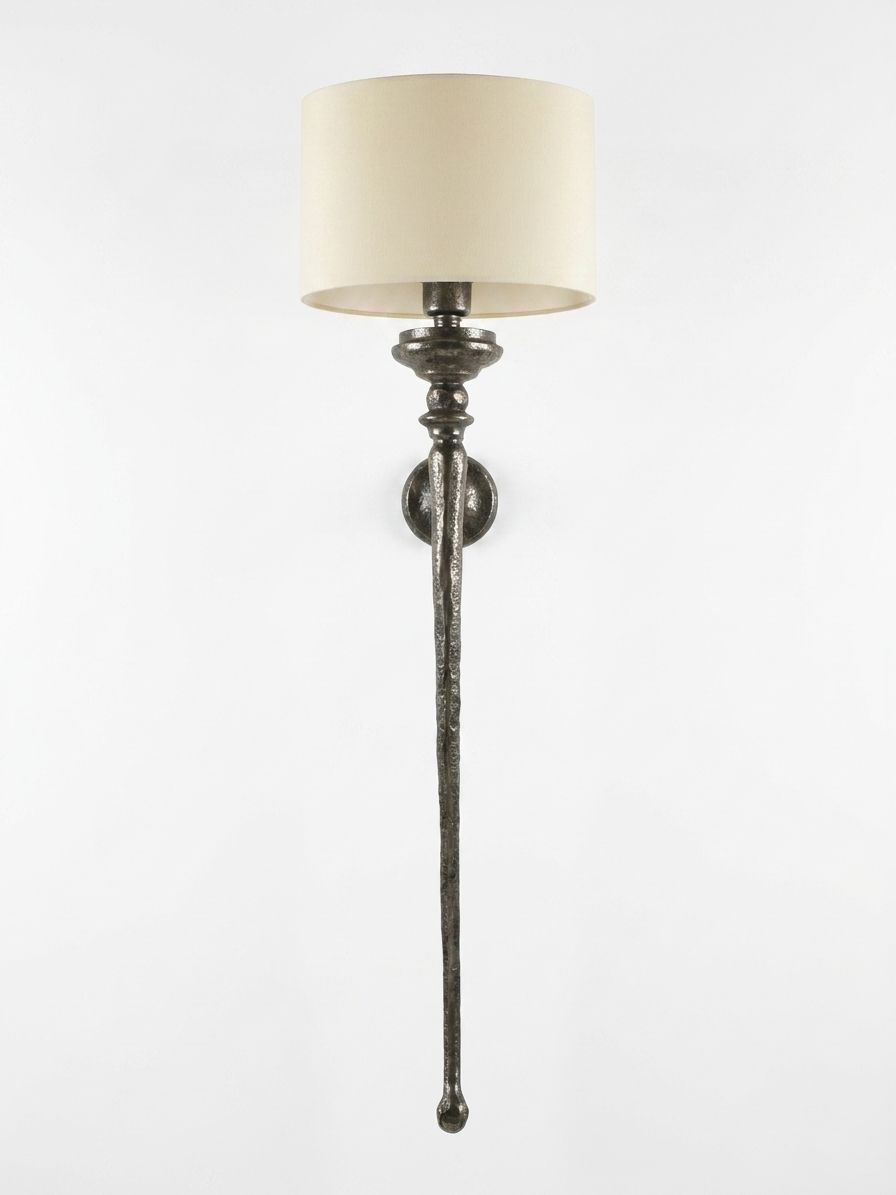 Iron Torch Drum Sconce, a iron and fabric wall light, studio photograph on a white background