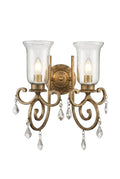 Scroll Crystal Glass Double Sconce, a brass and glass and crystal wall light, studio photograph on a white background