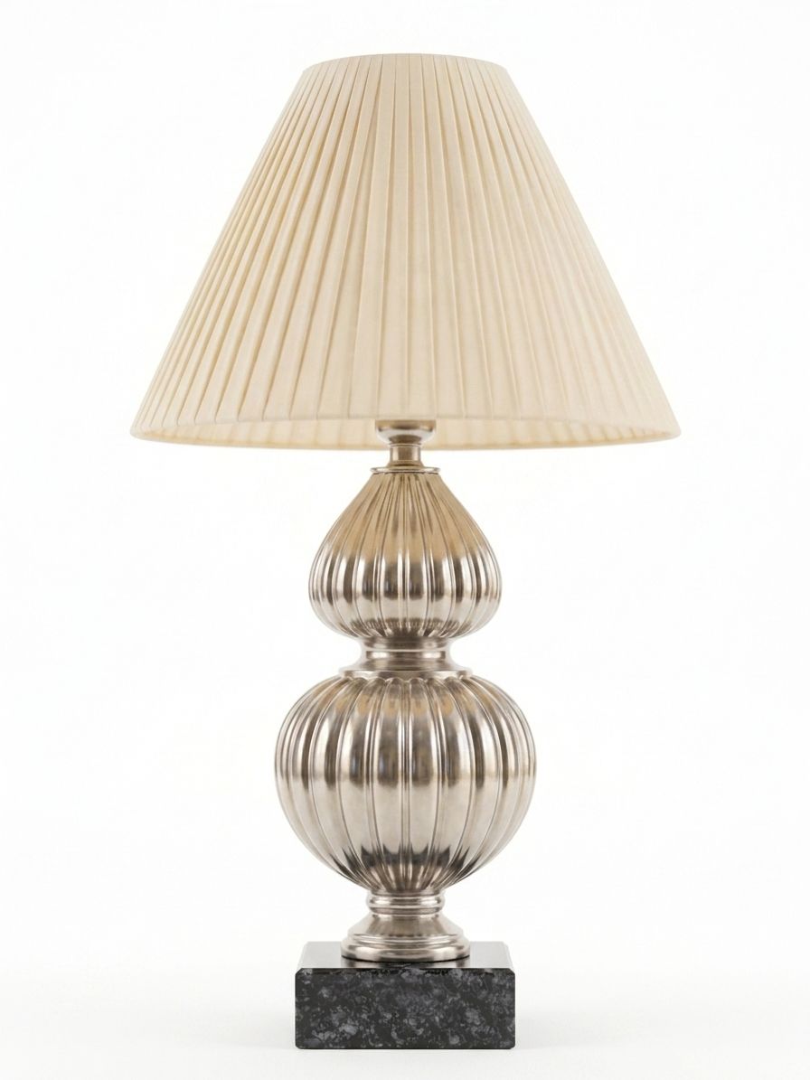 Silver Ribbed Gourd Table Lamp, a metal and fabric table lamp, studio photograph on a white background