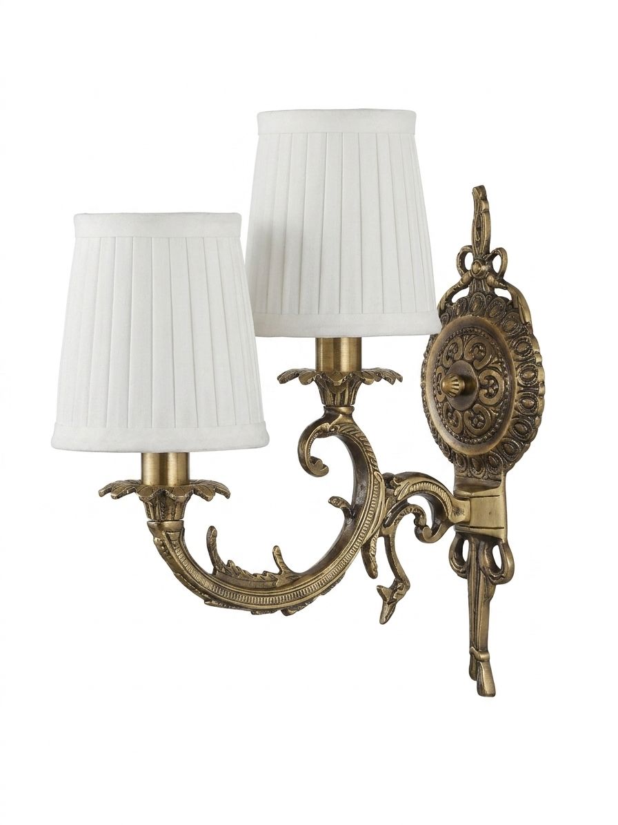 Scroll Rosette Double Shade Sconce, a brass and fabric wall light, studio photograph on a white background
