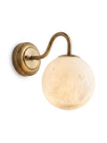 Moon Globe Brass Sconce, a brass and glass wall light, studio photograph on a white background