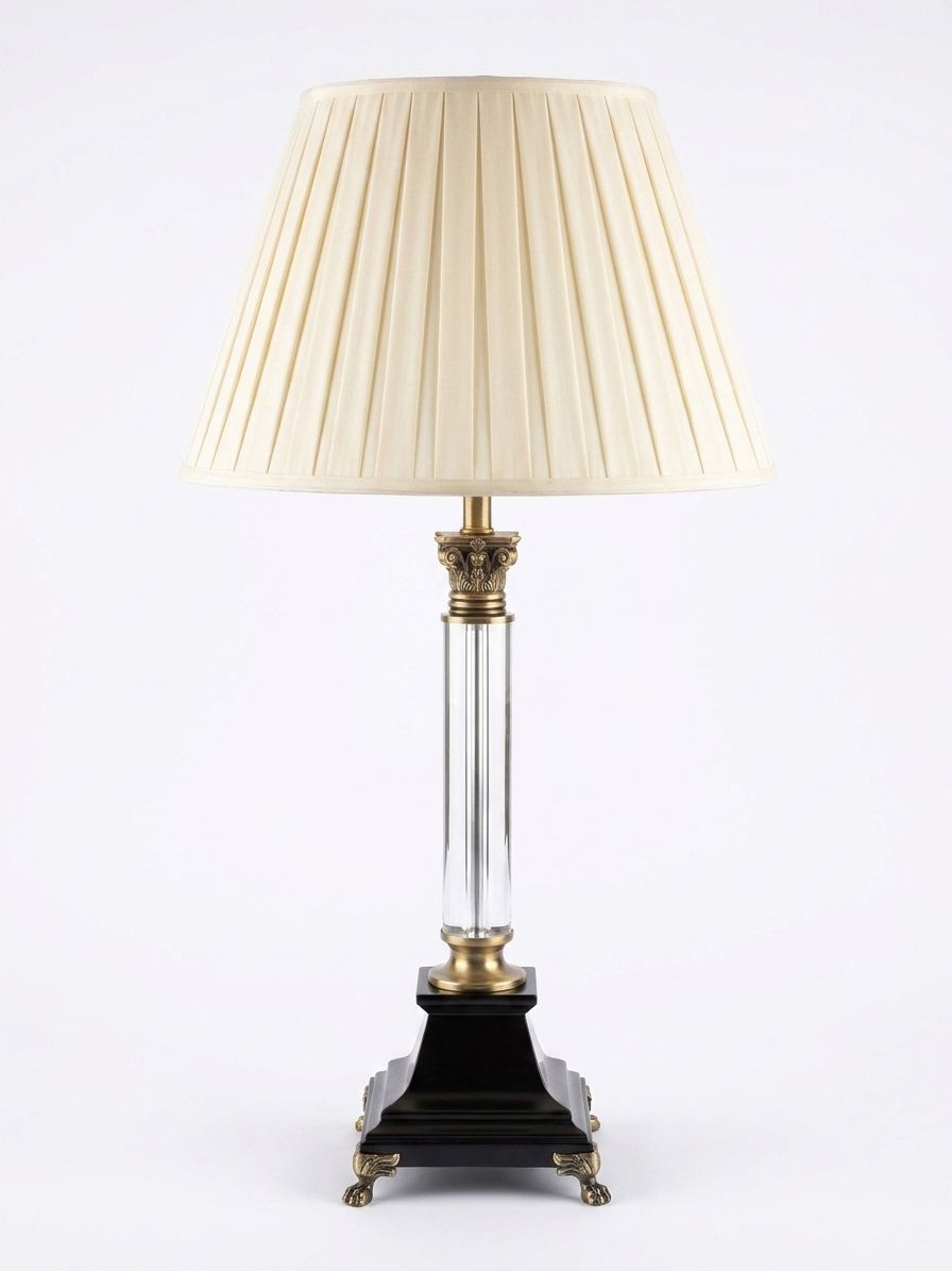 Crystal Column Corinthian Table Lamp, a crystal and brass and fabric table lamp, studio photograph on a white background