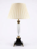 Crystal Column Corinthian Table Lamp, a crystal and brass and fabric table lamp, studio photograph on a white background