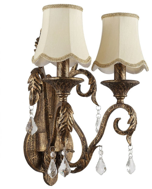 Baroque Crystal Shade Sconce, a iron and fabric and crystal wall light, studio photograph on a white background