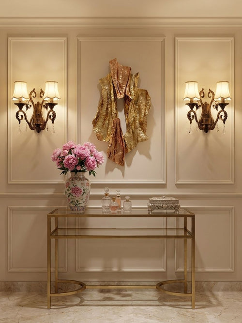Baroque Crystal Shade Sconce wall light styled in formal living, lights on