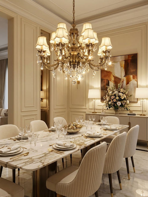 Baroque Foliage chandelier styled in formal living, lights on