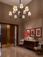 Radiant Geometry chandelier styled in formal living, lights on