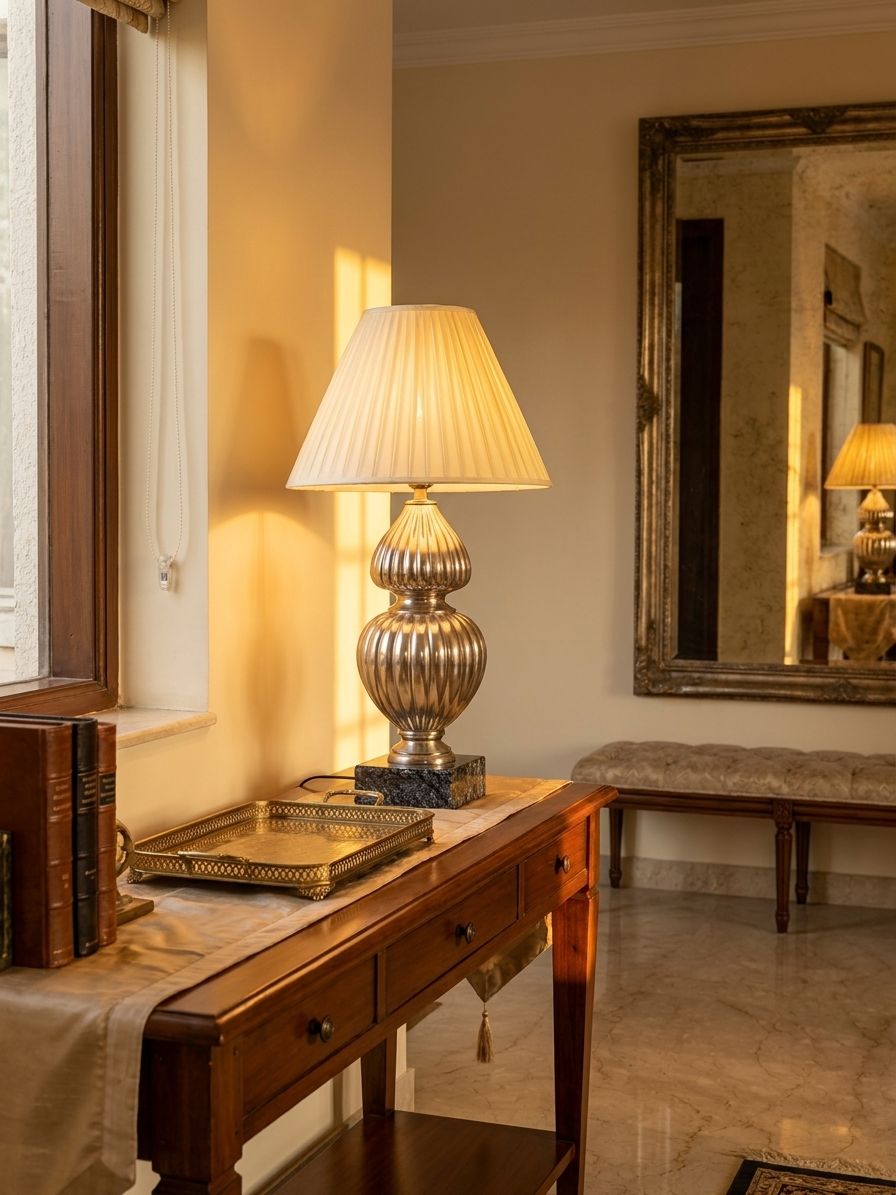 Silver Ribbed Gourd Table Lamp table lamp styled in an interior, lights on