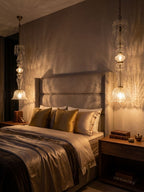Crystal Bell Pendant chandelier styled in hallway, lights on