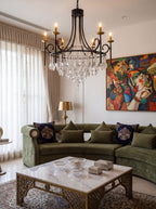Bead Cascade chandelier styled in formal living, lights on