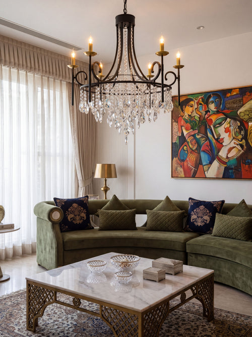 Bead Cascade chandelier styled in formal living, lights on