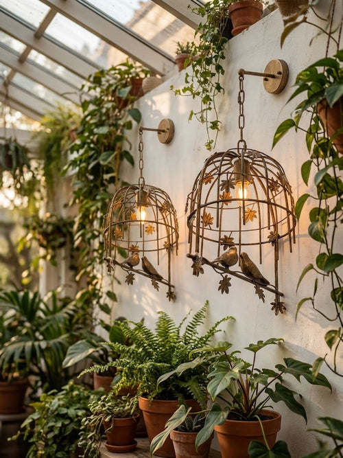 Birdcage Botanical Wall Sconce wall light styled in bedroom, lights on