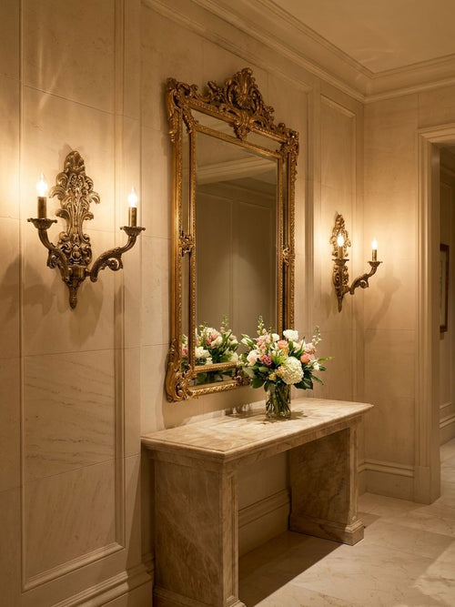 Baroque Candelabra Sconce wall light styled in formal living, lights on