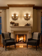 Sunburst Double Shade Sconce wall light styled in formal living, lights on