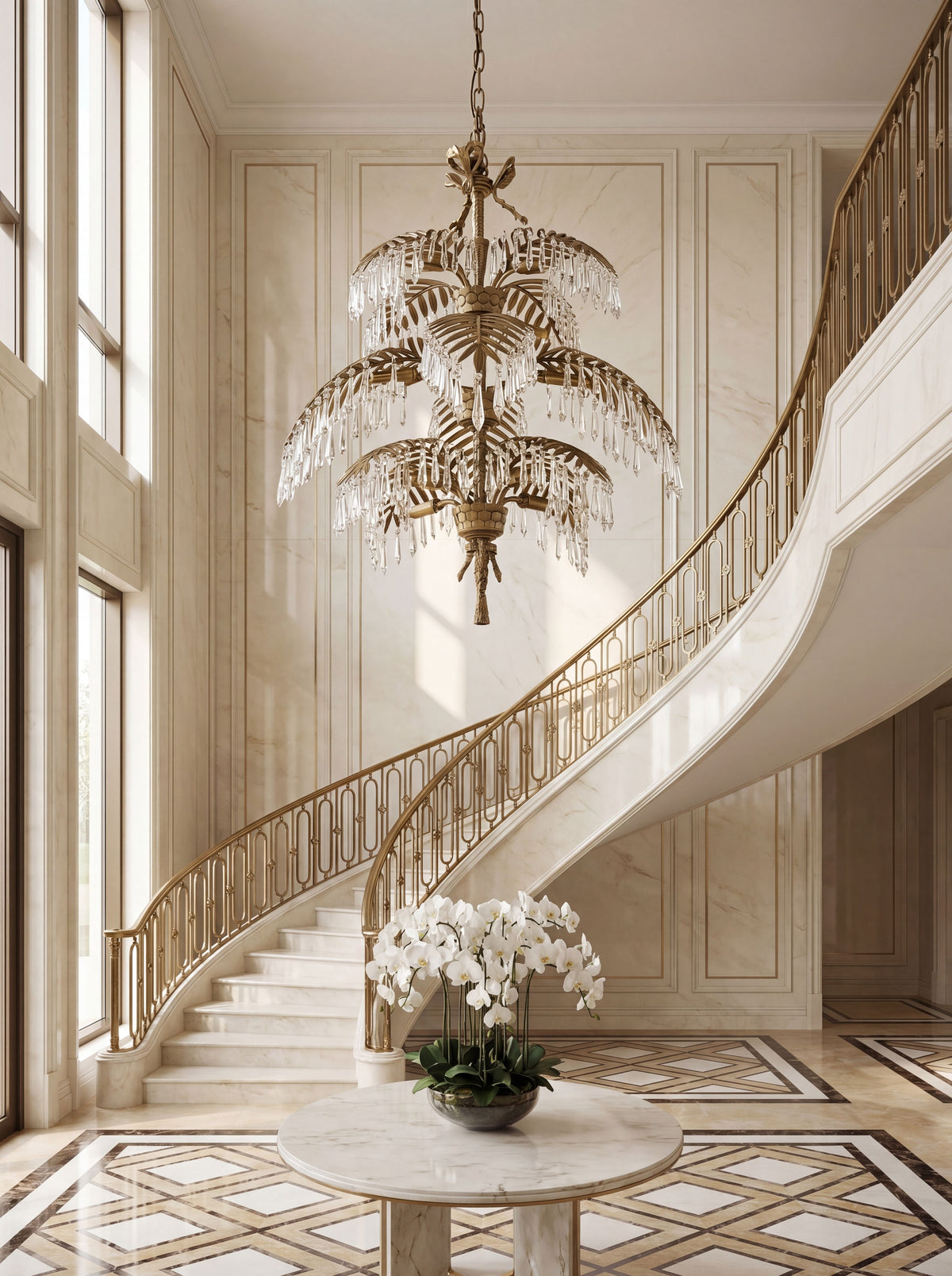 Foliate Cascade chandelier in formal living, daylight