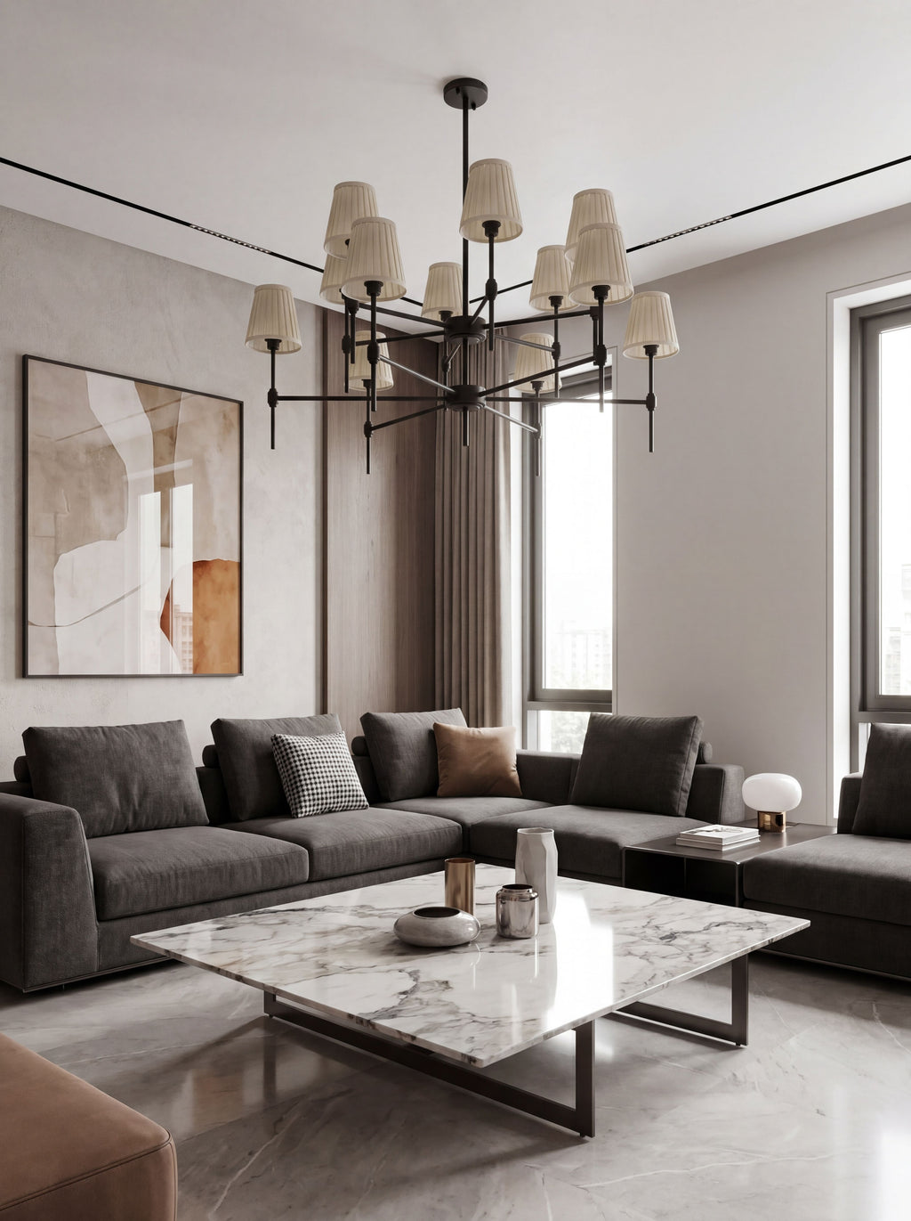 Radiant Geometry chandelier in formal living, daylight