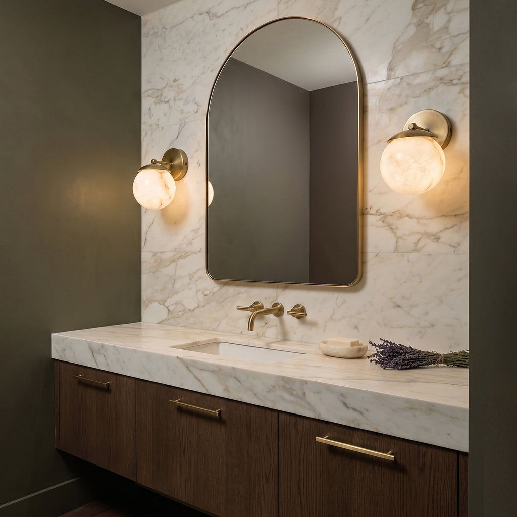 Luna Alabaster Globe Wall Light illuminated