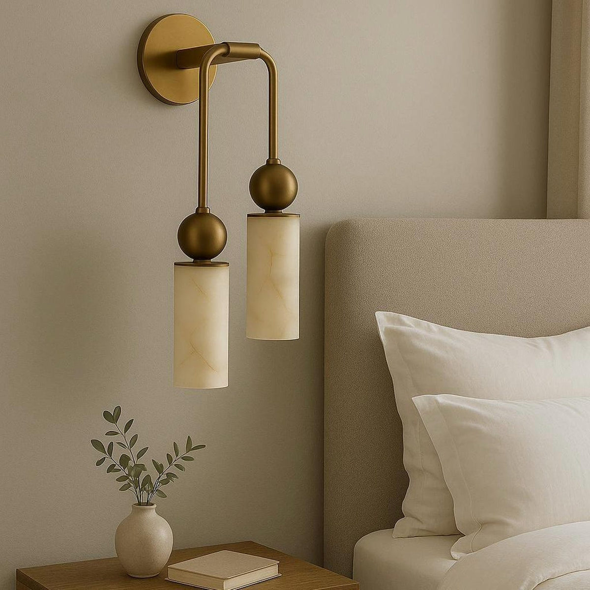 Twin Alabaster Drop Wall Light in antique brass
