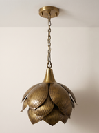 Brass Petals Pendant, Small, a lotus-bud pendant in antique brass with hand-etched petals, front view
