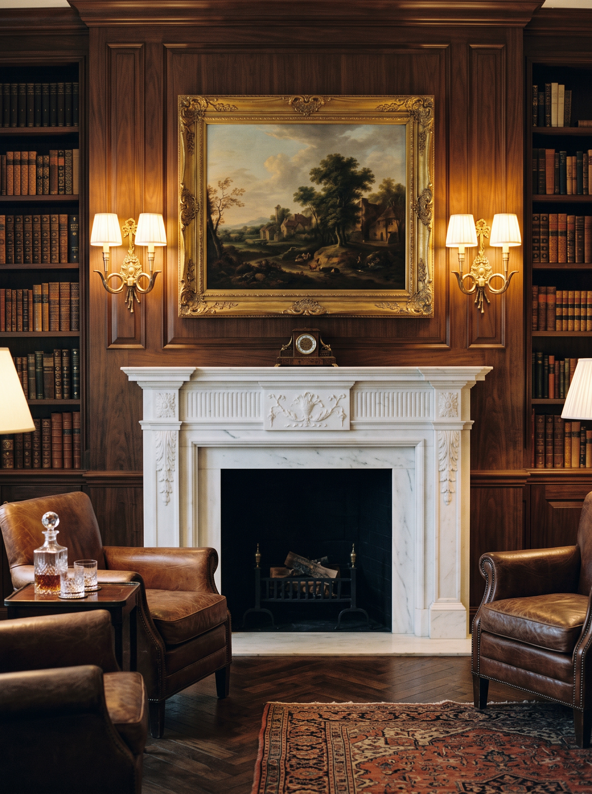 A pair of Chasse wall lights lit either side of a landscape painting above a marble fireplace in a walnut-panelled library