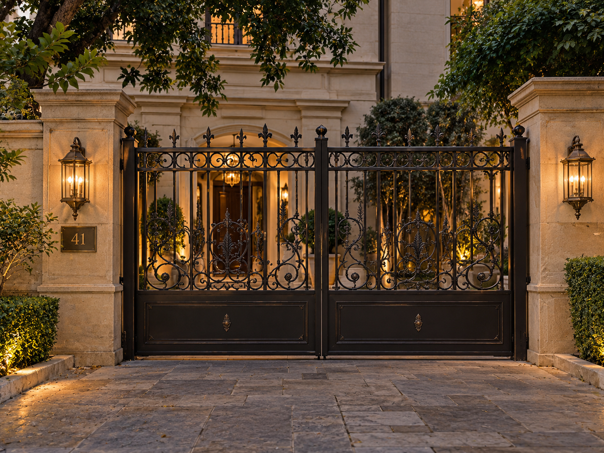 Florentine scrollwork metal main gate in blackened bronze finish